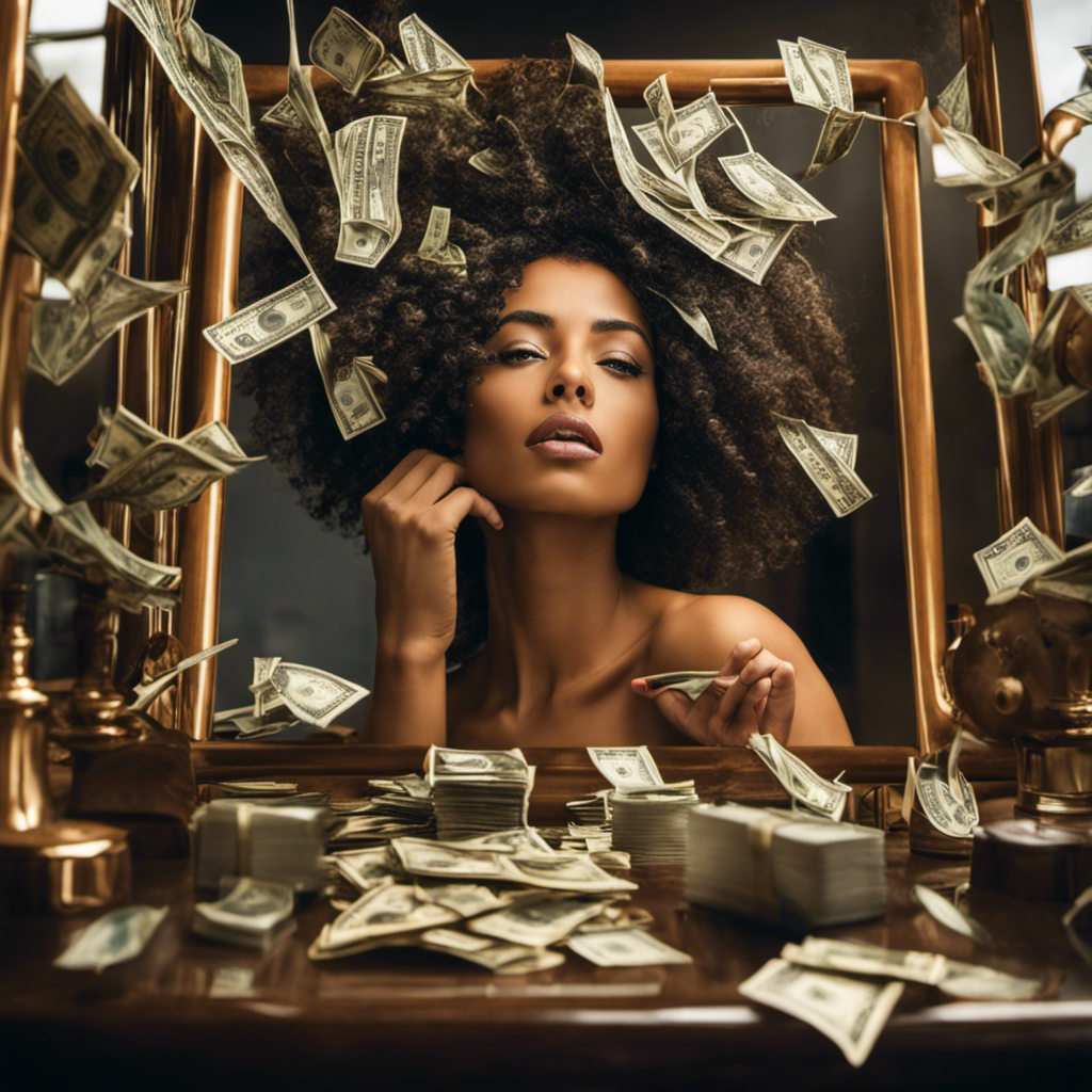 An image showcasing a close-up of a young woman's reflection in a mirror, capturing the intense focus in her eyes as she shaves her head, surrounded by scattered locks of hair and a pile of money on the vanity