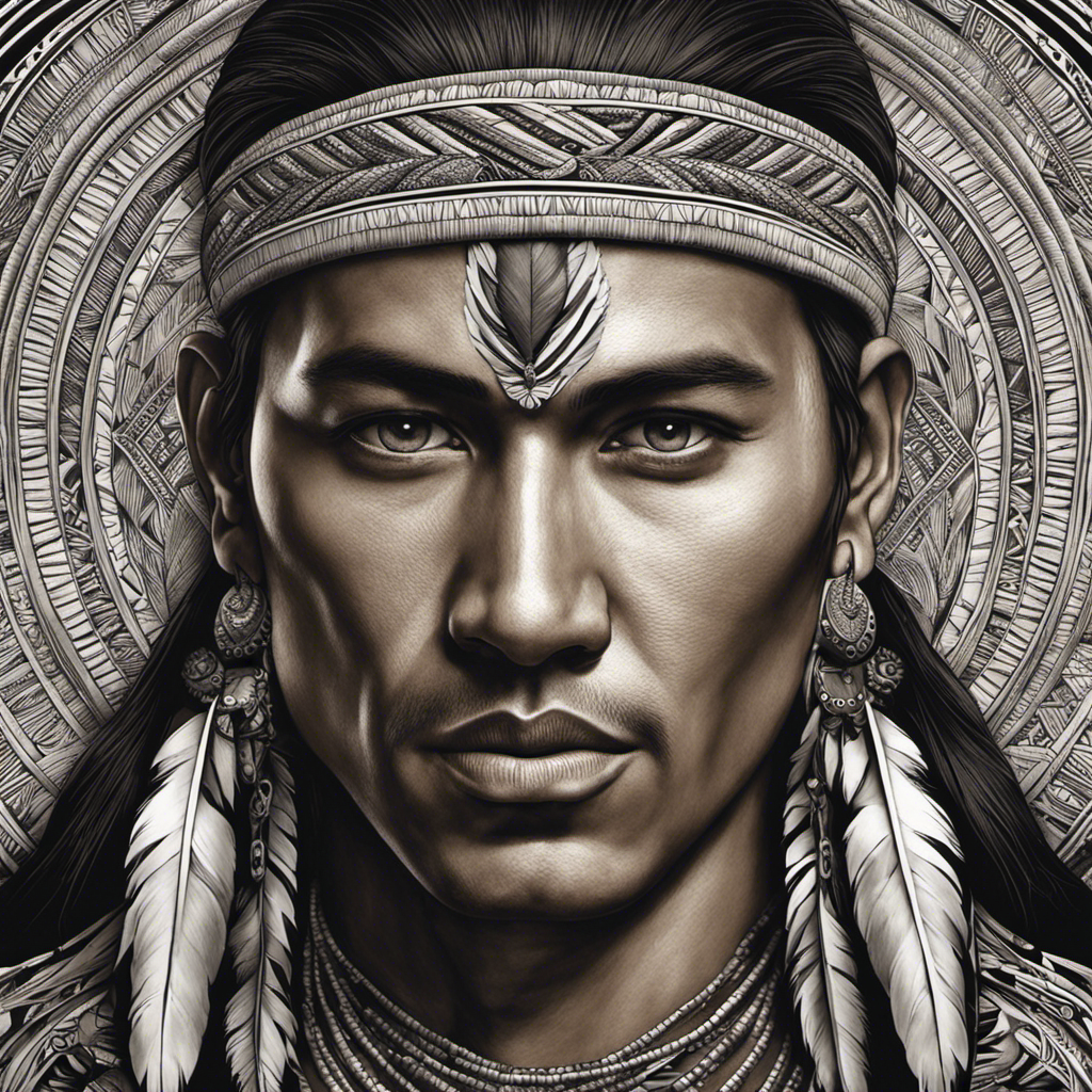 an image depicting a Native American man with a serene expression, showcasing the intricate patterns of his shaved head