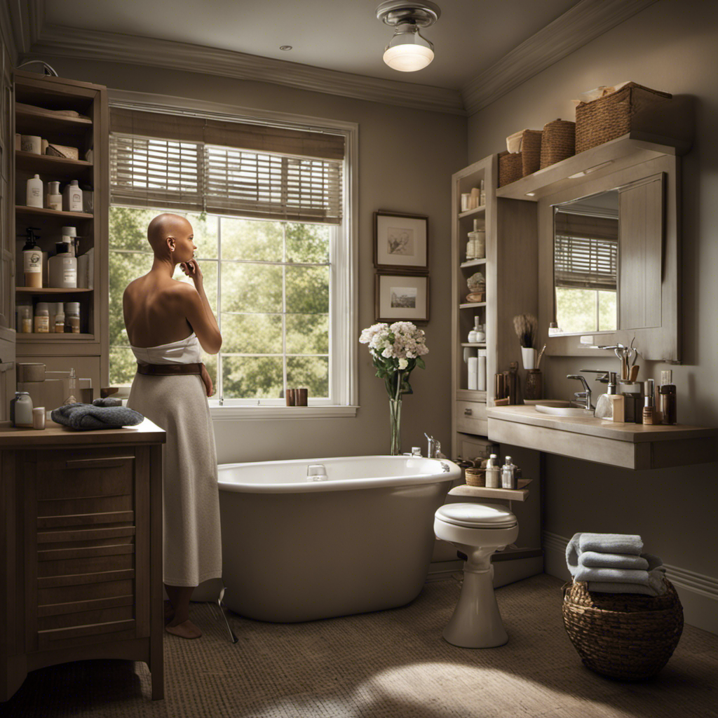 An image depicting a serene bathroom scene with a cancer patient shaving their head