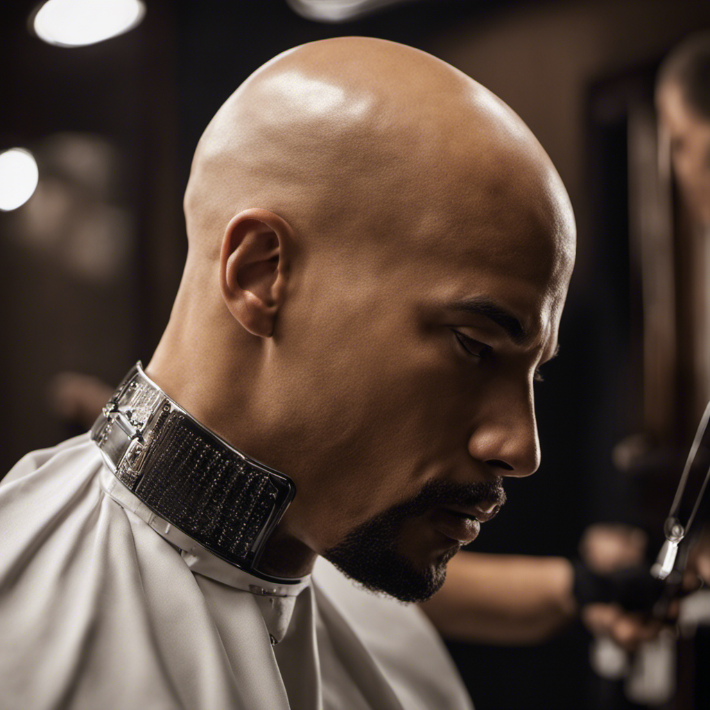 An image showcasing a gleaming bald head being meticulously shaved with a razor, capturing the precise movements and concentration of a bald individual in their habitual act of grooming