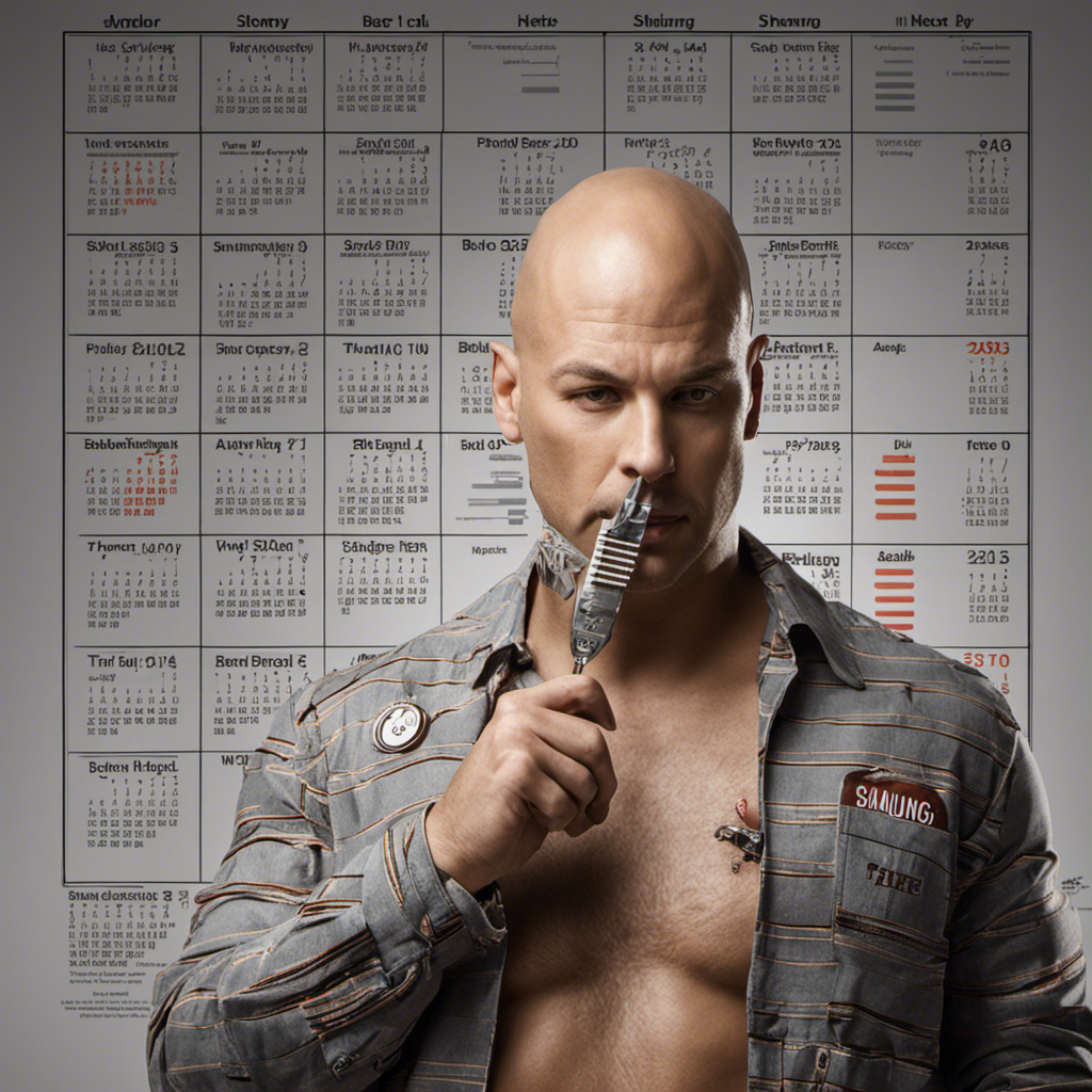 An image depicting a bald man with a razor in hand, standing in front of a calendar
