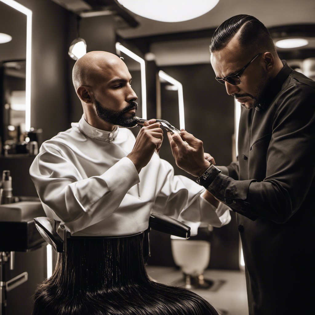 An image capturing the intimate ritual of head shaving, showcasing a gleaming razor gliding effortlessly against the smooth scalp, capturing the precise moment when the last remnants of hair disappear