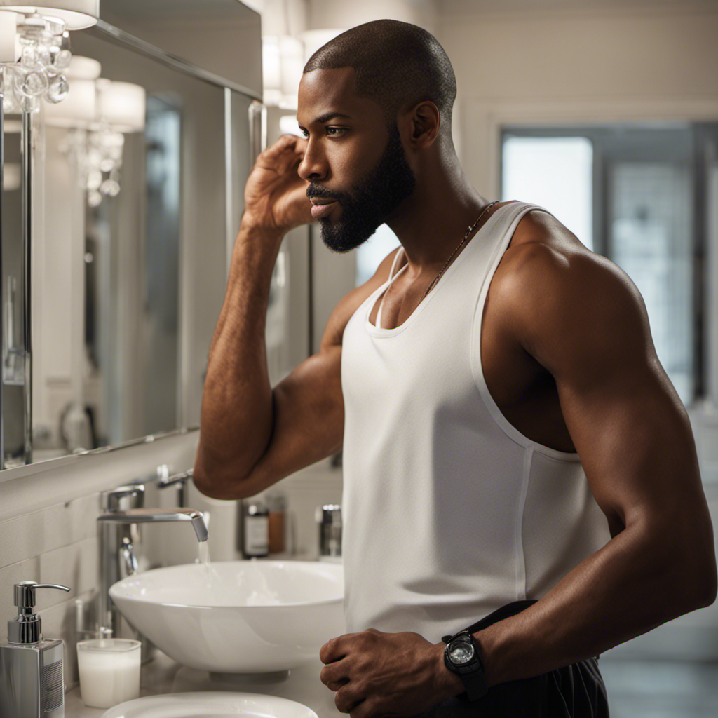 An image of a confident black man in front of a bathroom mirror, capturing the reflection of a clean-shaven head