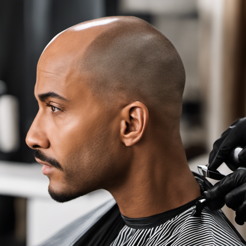 An image showcasing a clean-shaven head with a precision razor gliding smoothly across the scalp, revealing a flawless and perfectly maintained bald look