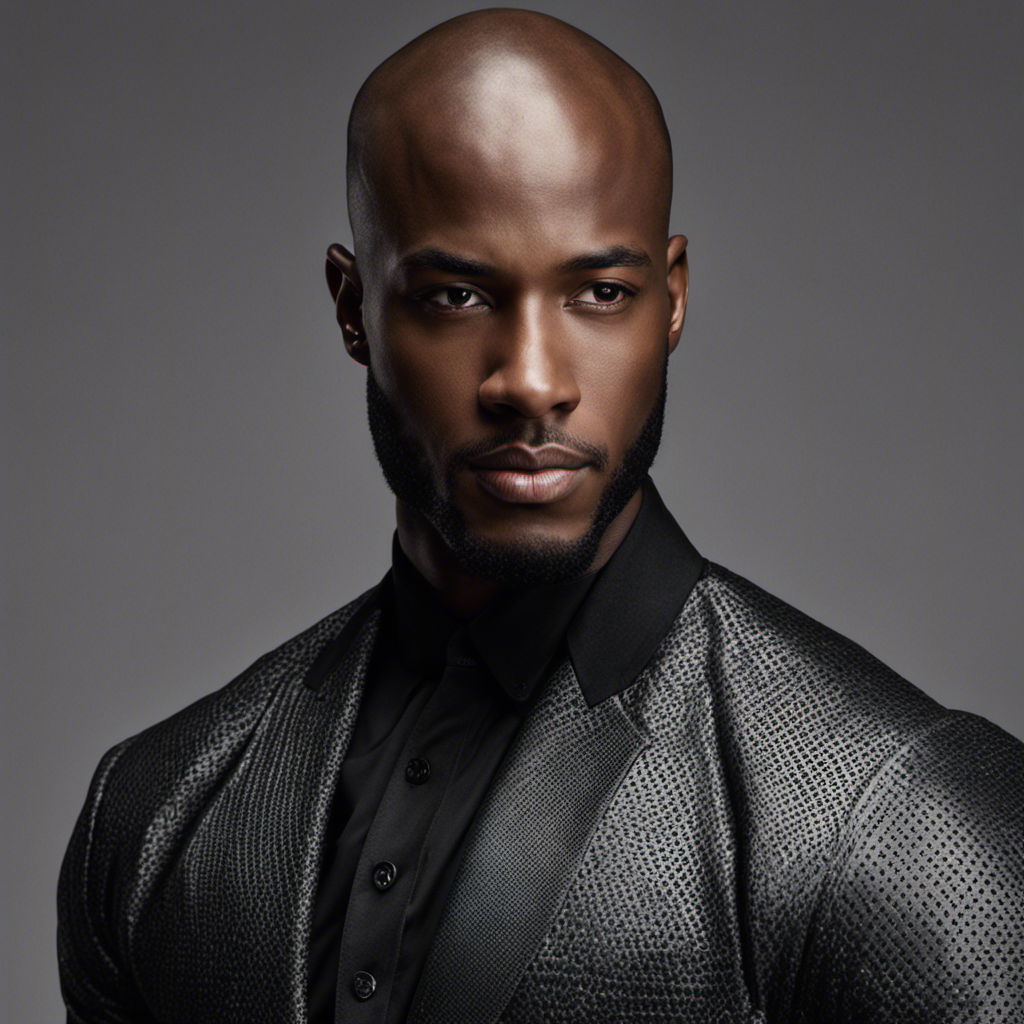 An image showcasing a confident black man with a cleanly shaved head