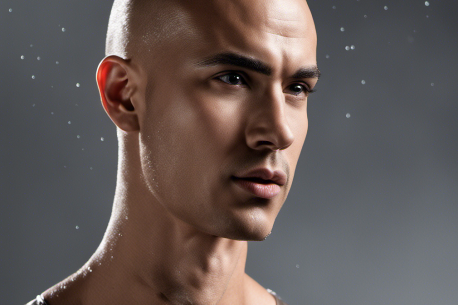 An image showcasing a close-up of a freshly shaved head, glistening with tiny droplets of water, as the razor glides effortlessly over the smooth skin, capturing the essence of maintaining a perfectly bald head