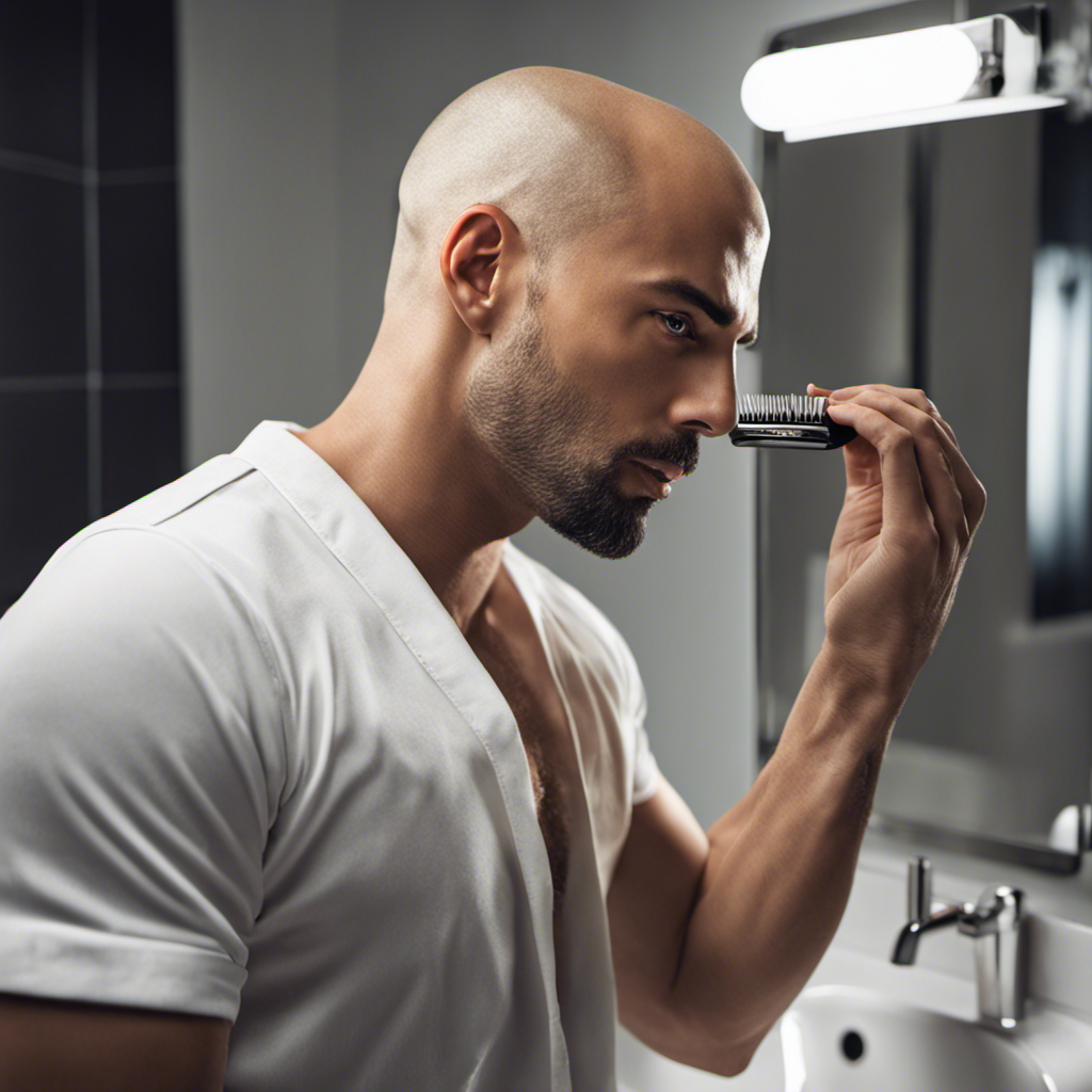 An image of a well-groomed individual standing in front of a bathroom mirror, one hand holding a razor while the other feels the smoothness of their freshly shaved head, capturing the perfect balance between a clean-shaven look and a hint of stubble