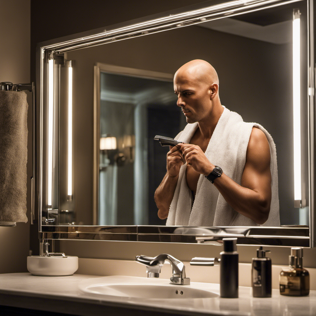 An image showcasing a bald man standing in front of a bathroom mirror, meticulously shaving his head with a gleaming razor