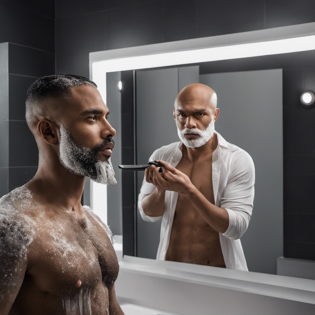 An image of a person confidently holding a razor, standing in front of a bathroom mirror