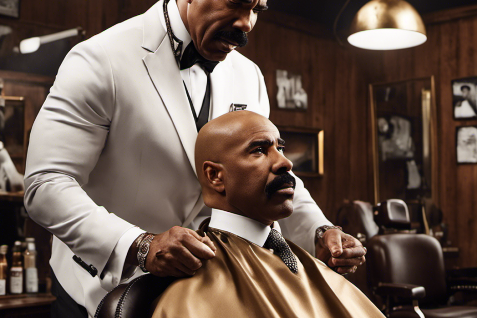 An image capturing Steve Harvey's transformation: a close-up shot of him in a barber's chair, his eyes closed in anticipation, as a straight razor glides across his scalp, revealing a smooth, shiny head, surrounded by discarded locks of hair