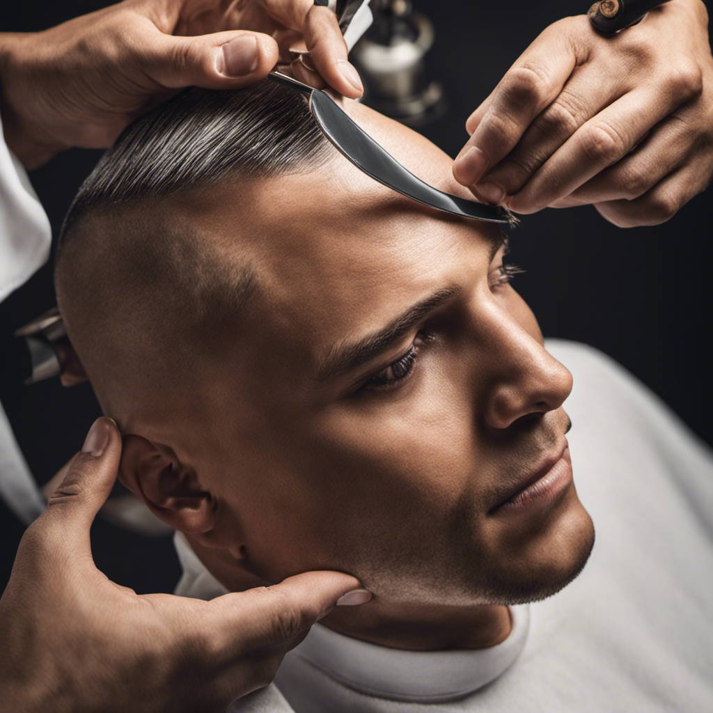 An image showcasing a close-up shot of a confident individual using a straight razor to smoothly glide over their freshly lathered scalp, capturing the meticulous process of achieving a perfectly smooth, clean-shaven head