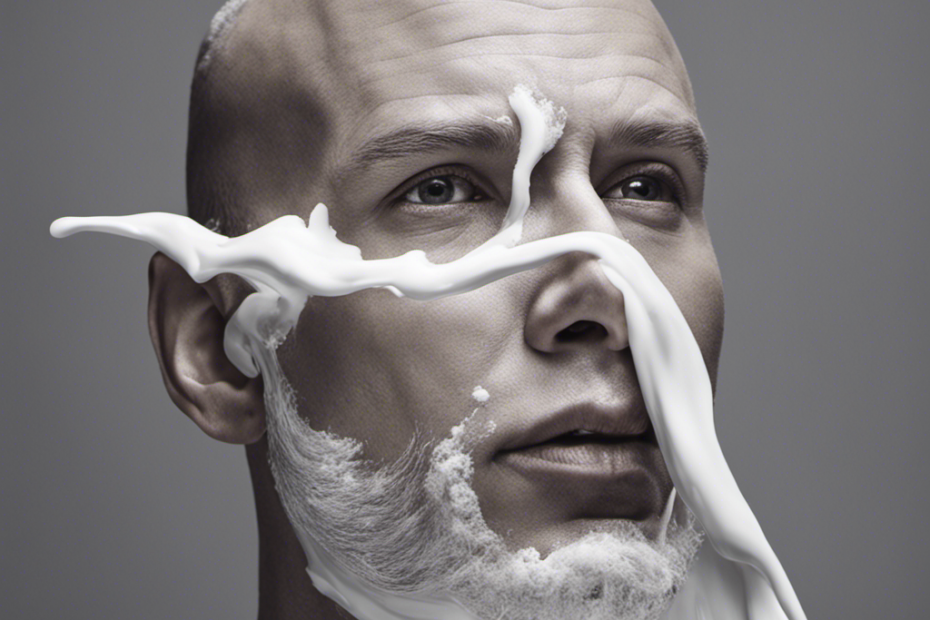 An image depicting a close-up view of a bald person's head, covered in lather from a shaving cream
