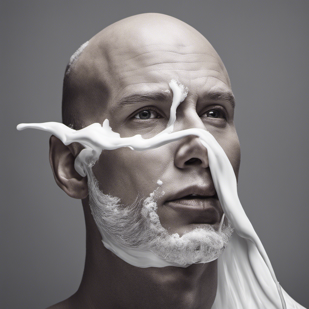 An image depicting a close-up view of a bald person's head, covered in lather from a shaving cream