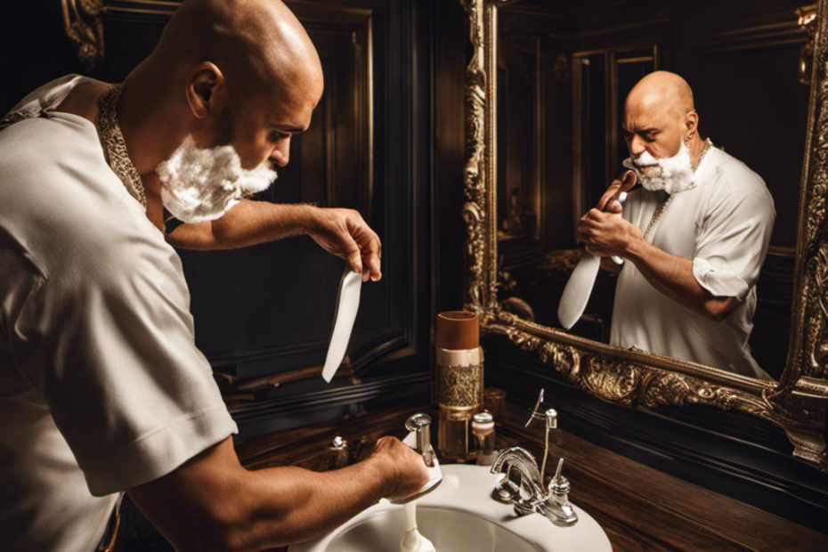 An image showcasing a well-lit bathroom with a man standing in front of a mirror