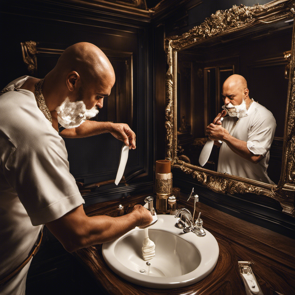 An image showcasing a well-lit bathroom with a man standing in front of a mirror