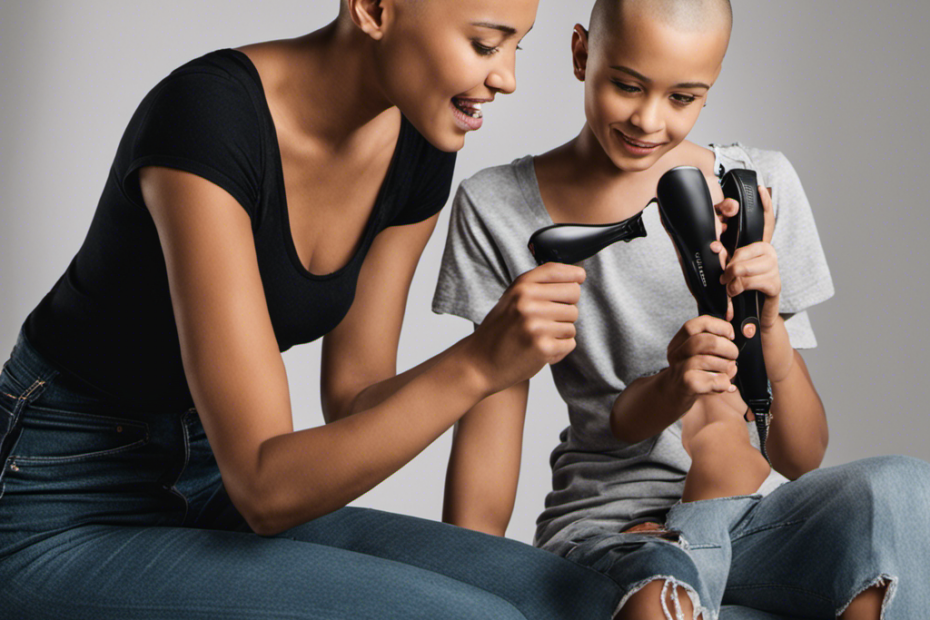 An image that showcases a teenager sitting on a stool, holding an electric hair clipper, while their mom tenderly runs her hand over their shaved head, both sharing a joyful and empowered expression