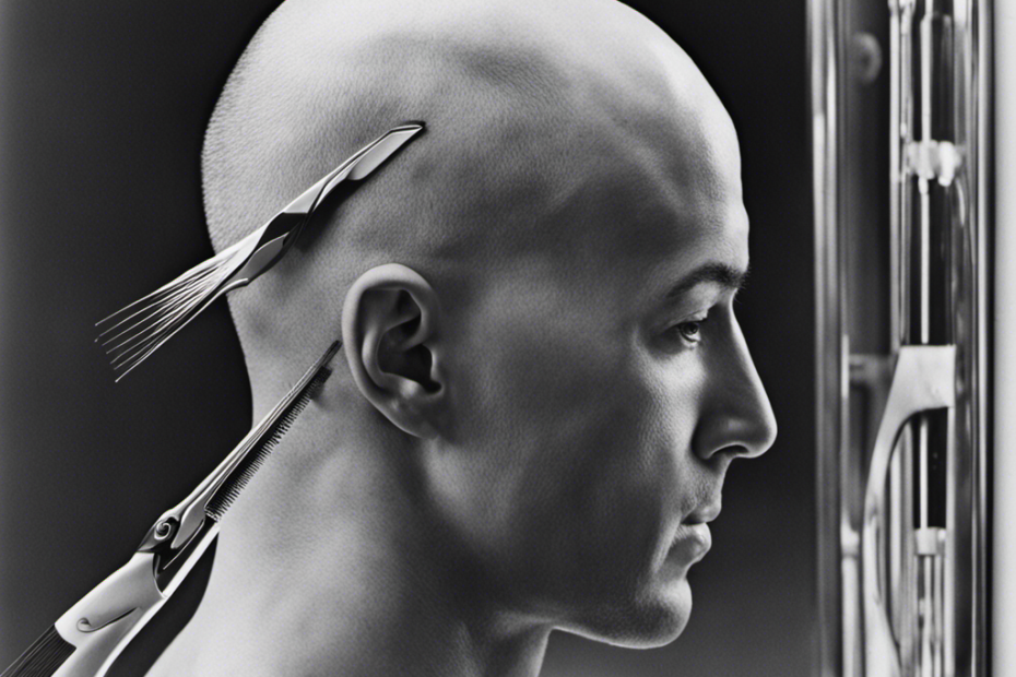 An image showcasing a close-up of a person's head in front of a mirror, with a razor gliding smoothly across their scalp, capturing the precise moment when the last few strands of hair are being shaved off, revealing a perfectly smooth, bald head