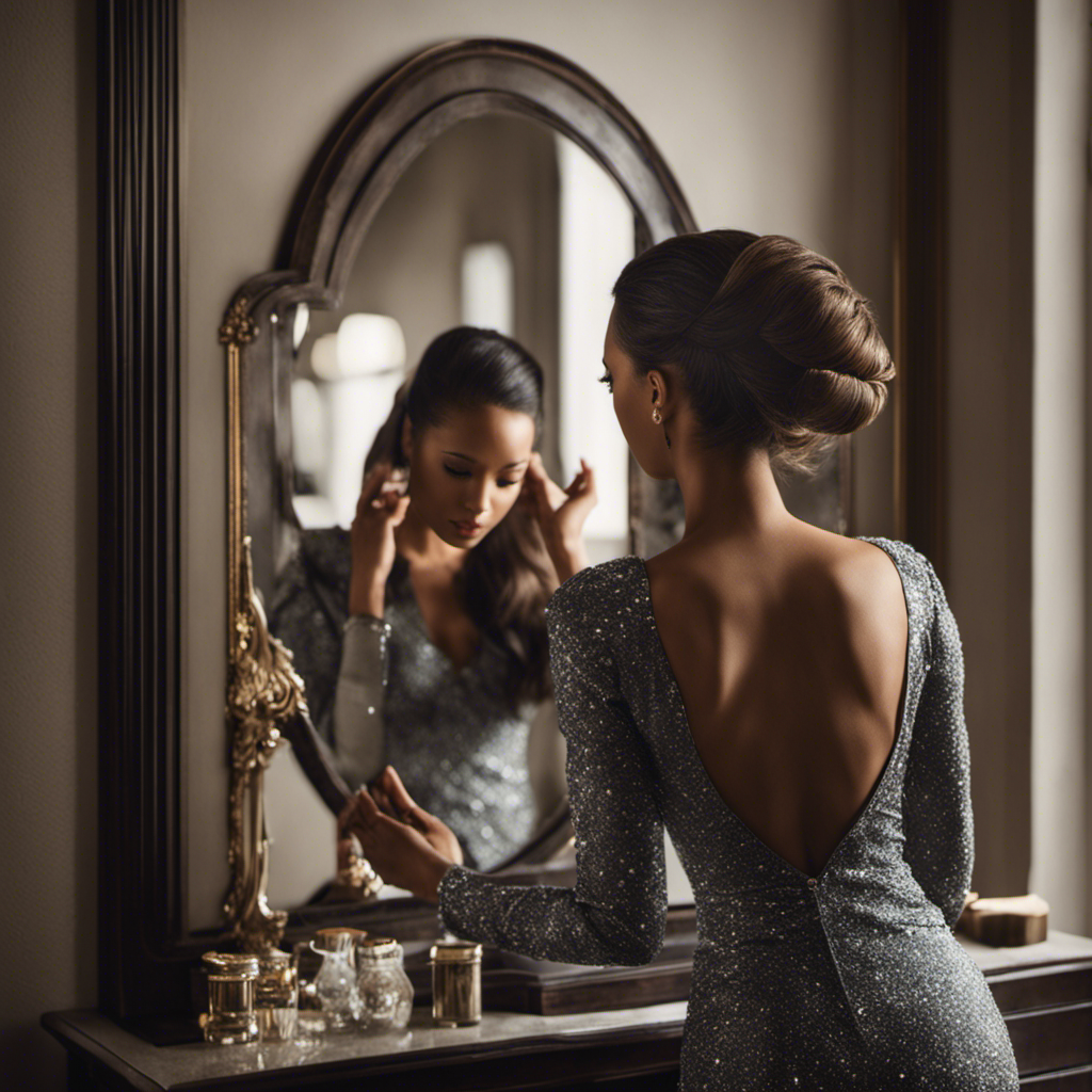 An image showcasing a person standing in front of a mirror, their reflection revealing a contemplative expression as they gently touch their scalp, examining their hairline and thickness