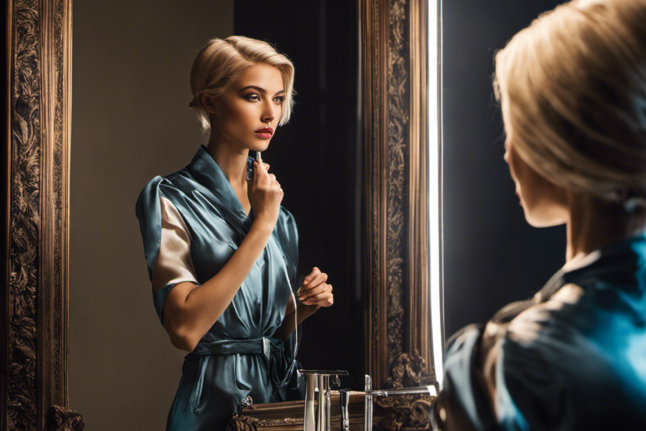 An image showcasing a person standing in front of a mirror, holding a razor, with their reflection showing different hairstyles