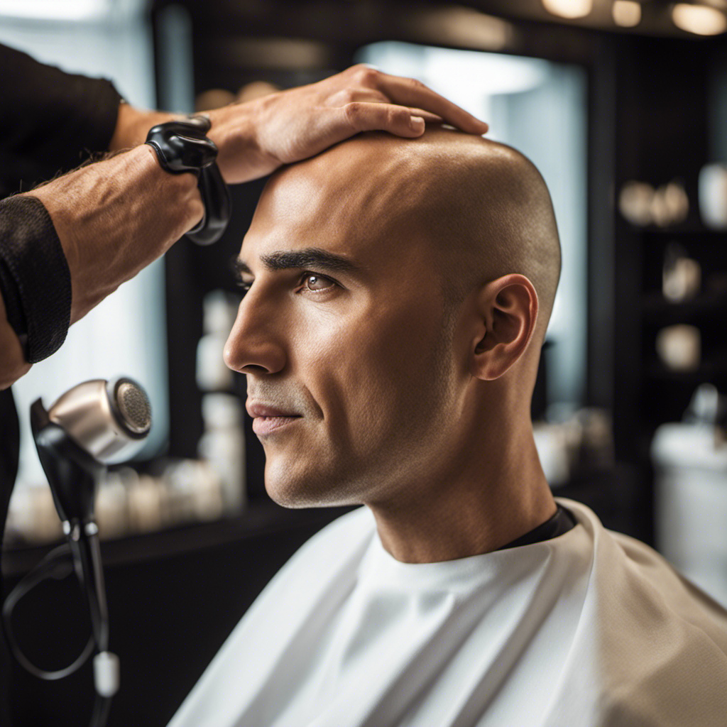 An image showcasing a close-up shot of a clean-shaven head, with an electric shaver gliding effortlessly across the scalp, capturing the precise and smooth motion required for a flawless electric head shave