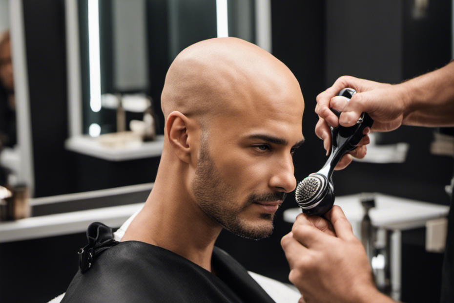 An image showcasing a man confidently shaving his head with Majic Shave, capturing the smooth glide of the razor, the pristine bald result, and the refreshing sensation of a clean scalp