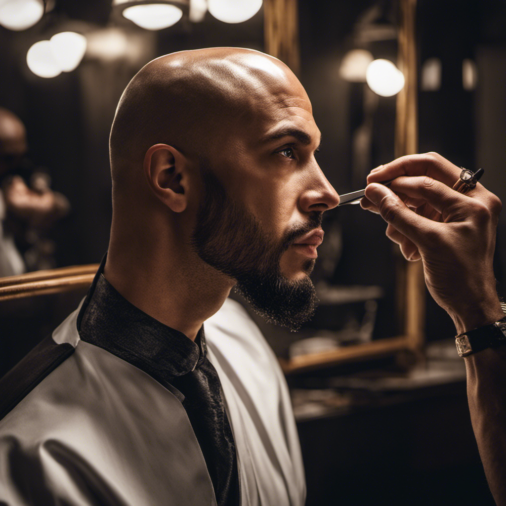 An image showing a man with a clean-shaven head, holding a sharp straight razor at a 30-degree angle against his scalp