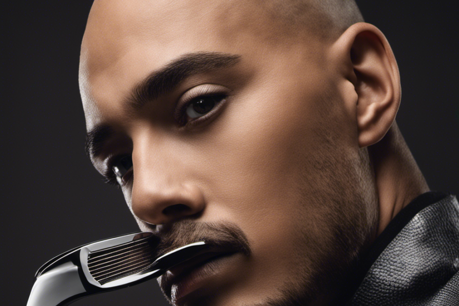 the essence of a close head shave in one image: A razor glides effortlessly over a perfectly contoured scalp, leaving behind a trail of smooth, glistening skin, while tiny hair clippings float gracefully in the air