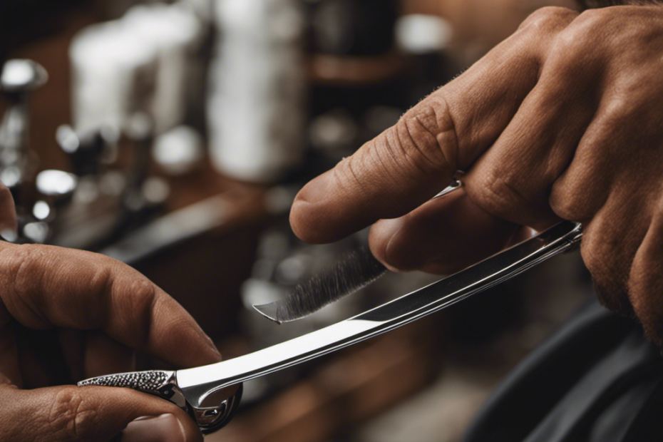An image showcasing a barber's hand gracefully gliding a sharp, gleaming straight razor across a perfectly lathered and smooth scalp, capturing the precise moment when the blade effortlessly removes the last remaining stubble