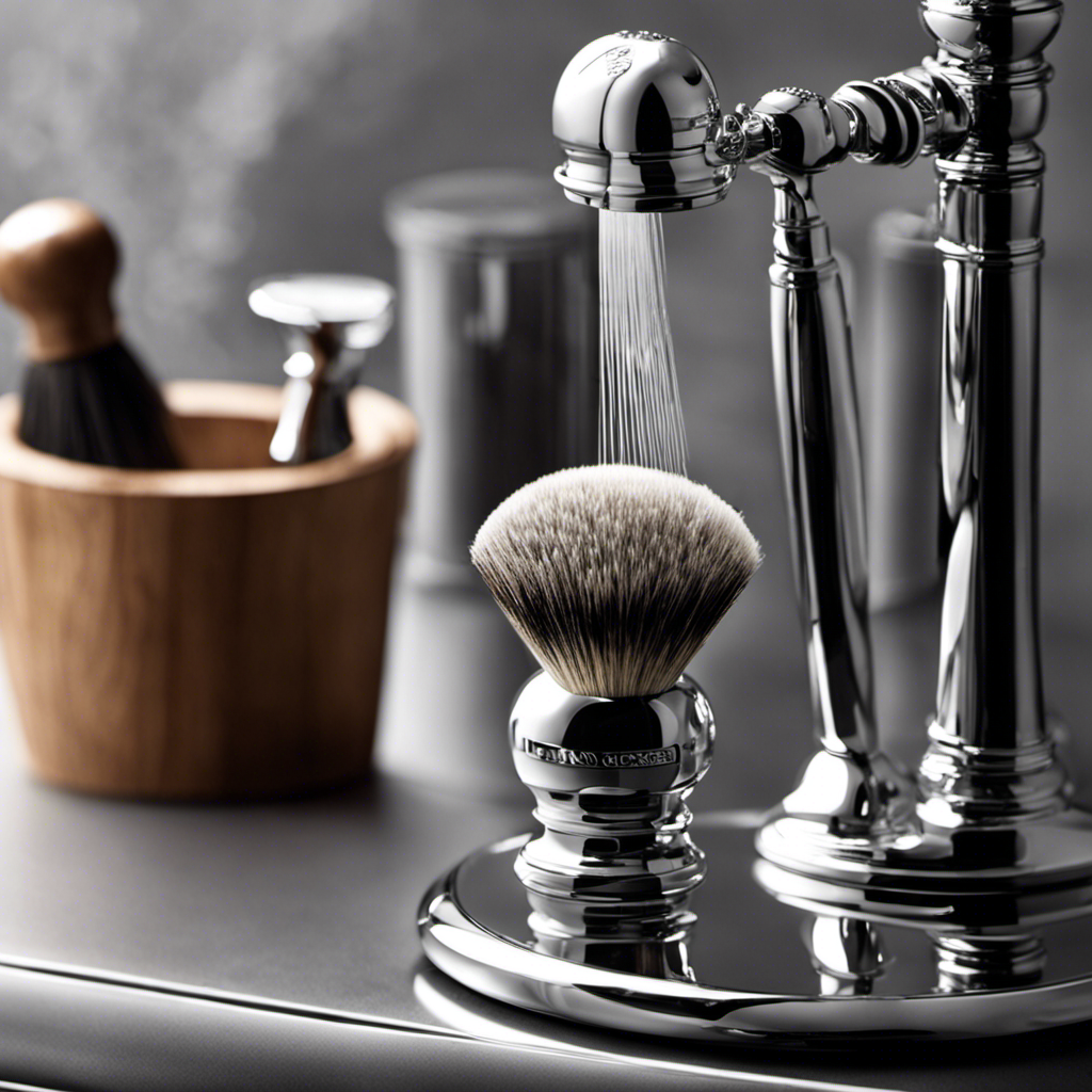 E the essence of a wet shave on a head; depict skilled hands maneuvering a chrome razor across smooth, lathered skin, capturing every minute detail, from the glistening water droplets to the razor's precise strokes