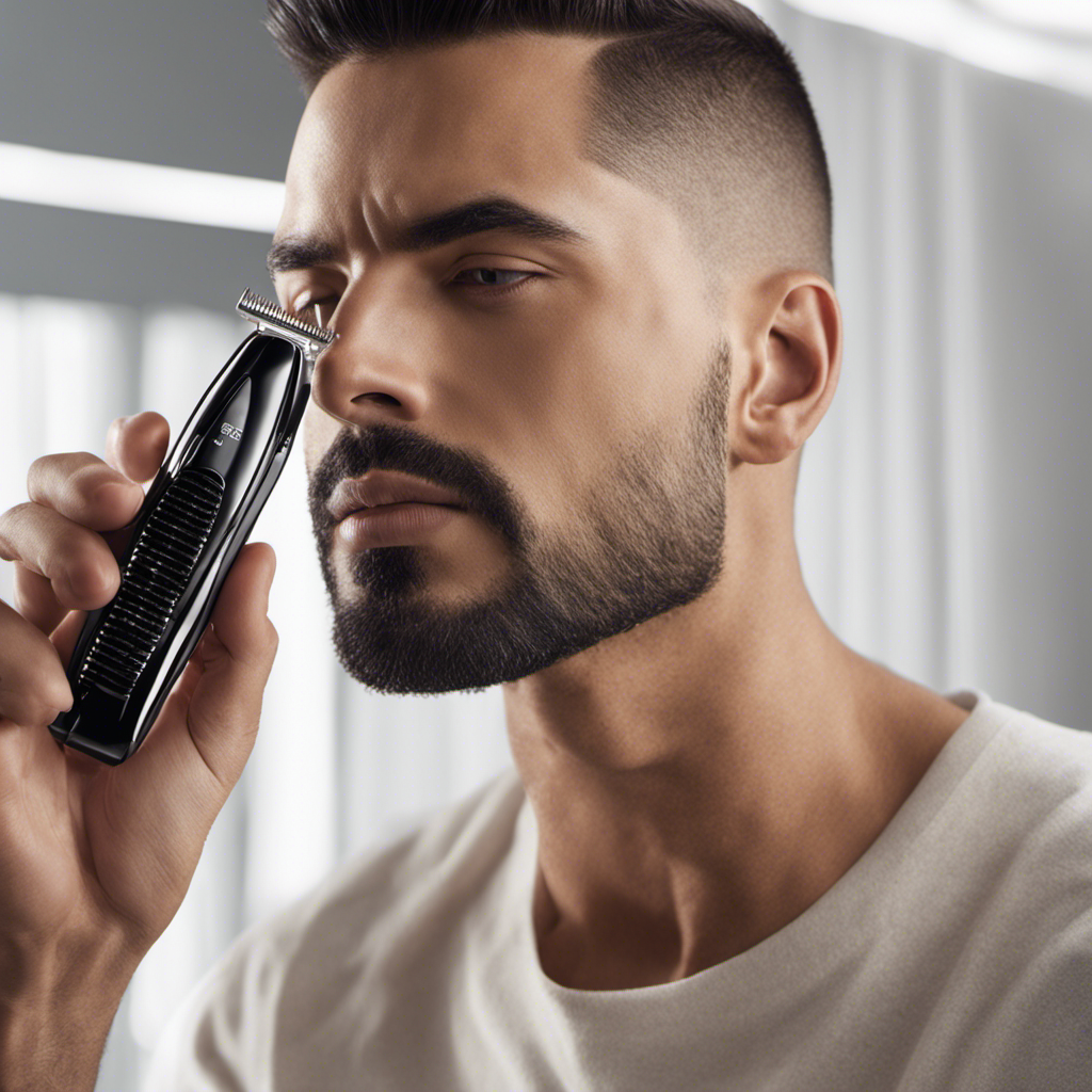 An image capturing a person holding a precision hair trimmer against their temple, surrounded by short, perfectly groomed hair
