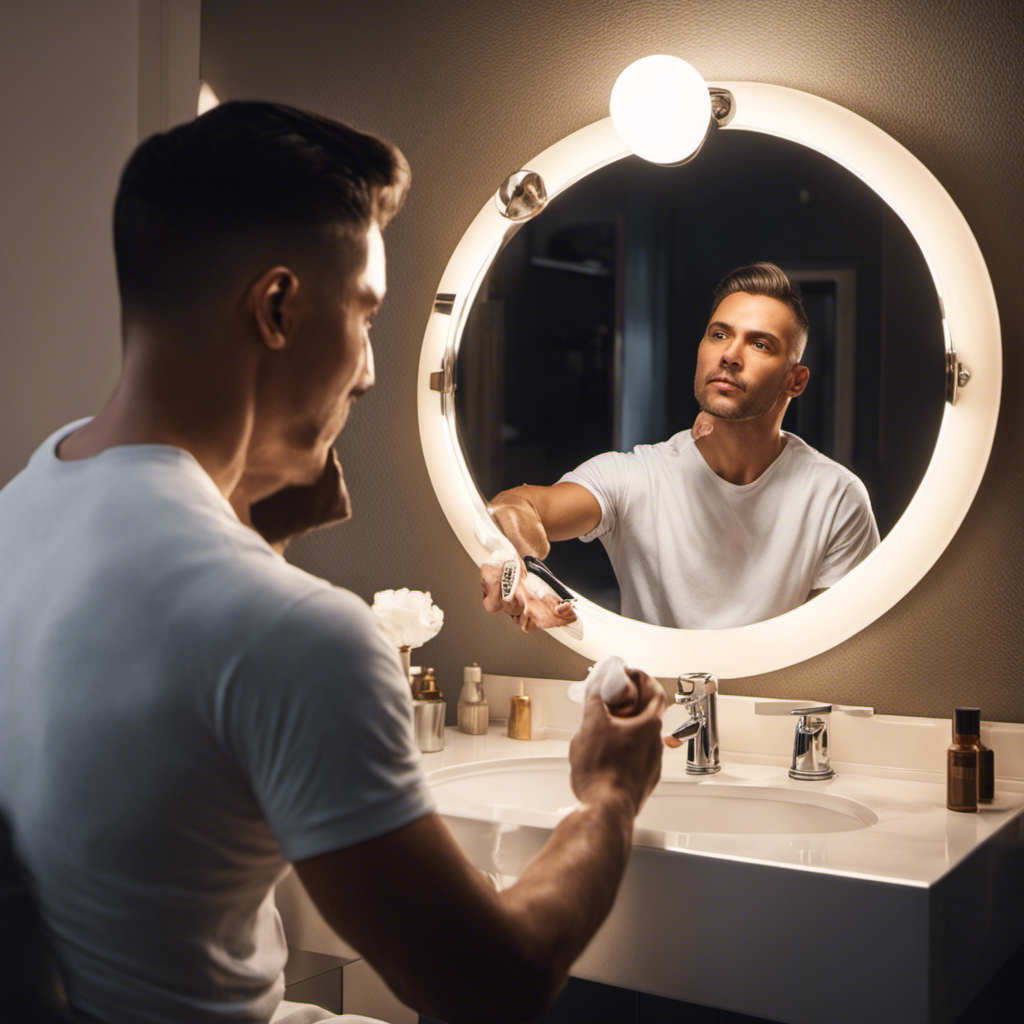 An image showcasing a person seated in front of a well-lit bathroom mirror, their scalp lathered with shaving cream, razor in hand, skillfully gliding it along their smooth head, achieving a flawlessly close shave