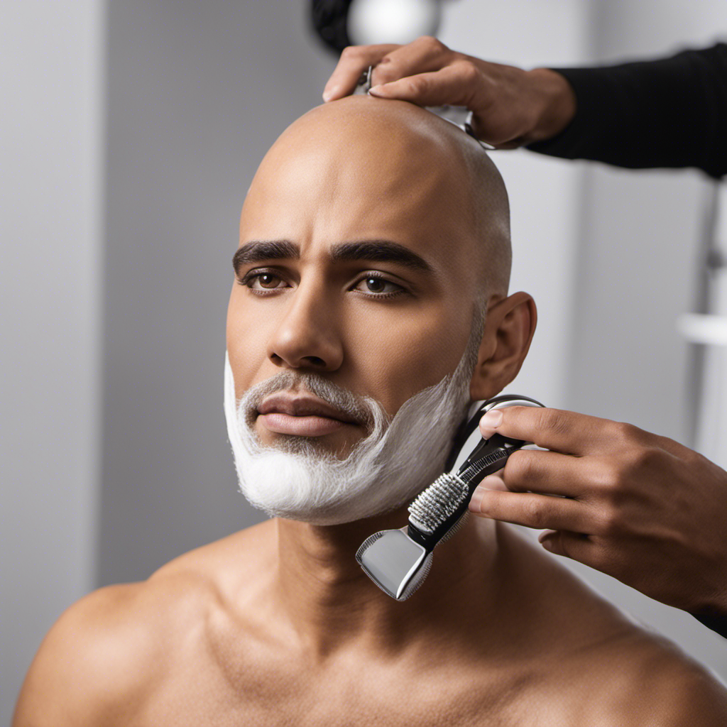An image that showcases a person shaving their head with precision, using a soft, cushioned headrest to ensure their head remains steady, while demonstrating careful movements and maintaining a perfect angle
