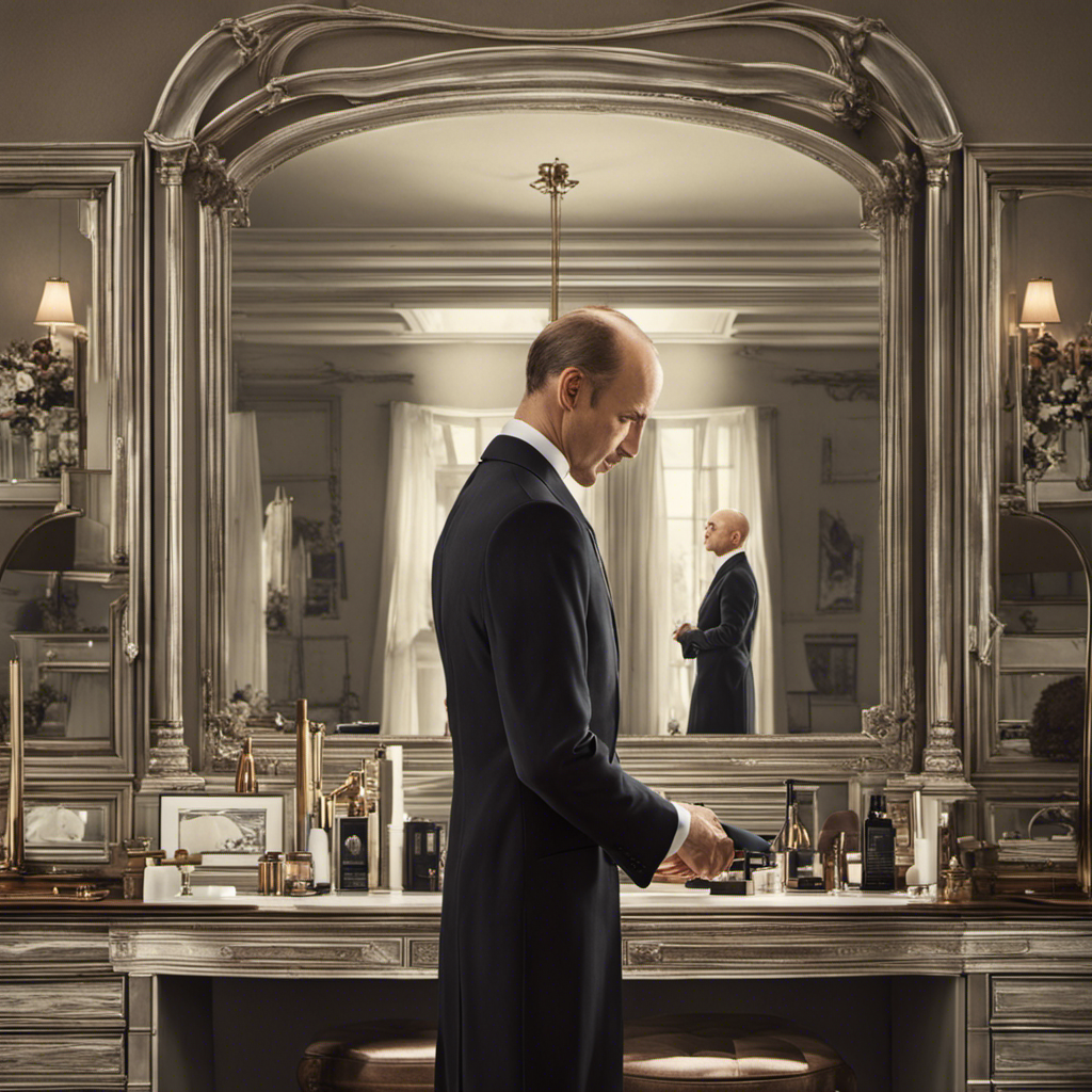 An image that depicts a person standing in front of a mirror, their reflection revealing a receding hairline, thinning hair, and patches of baldness, guiding readers to recognize the signs indicating it may be time to embrace a clean-shaven look