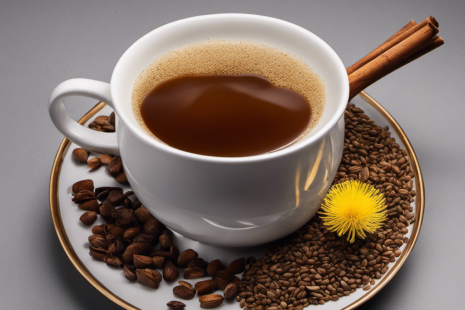 An image showcasing a steaming cup filled with a rich, velvety brown liquid made from roasted dandelion roots, chicory, and barley