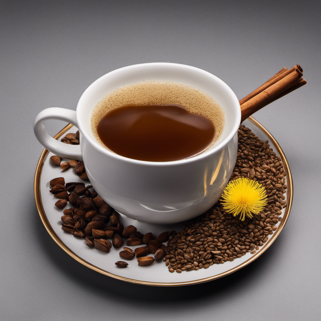 An image showcasing a steaming cup filled with a rich, velvety brown liquid made from roasted dandelion roots, chicory, and barley