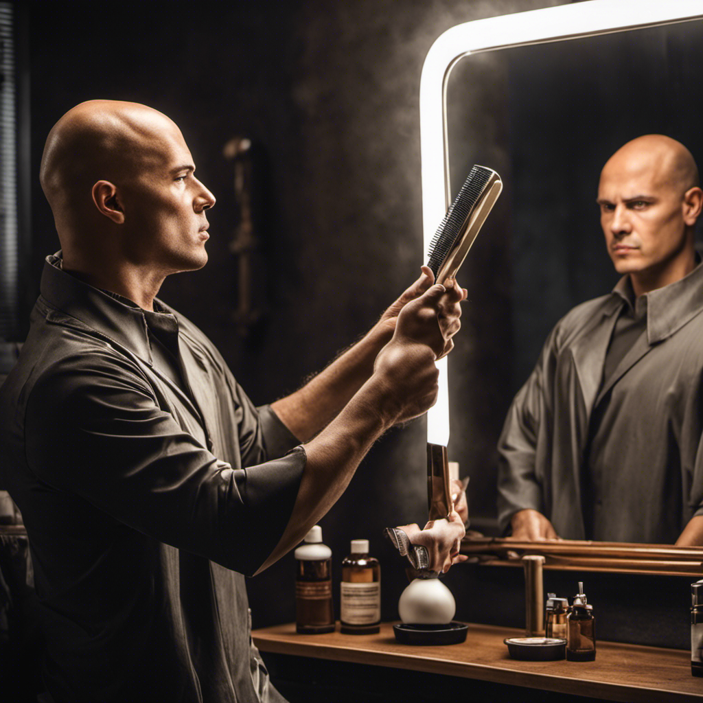 An image of a bald man, standing in front of a mirror with a razor in hand
