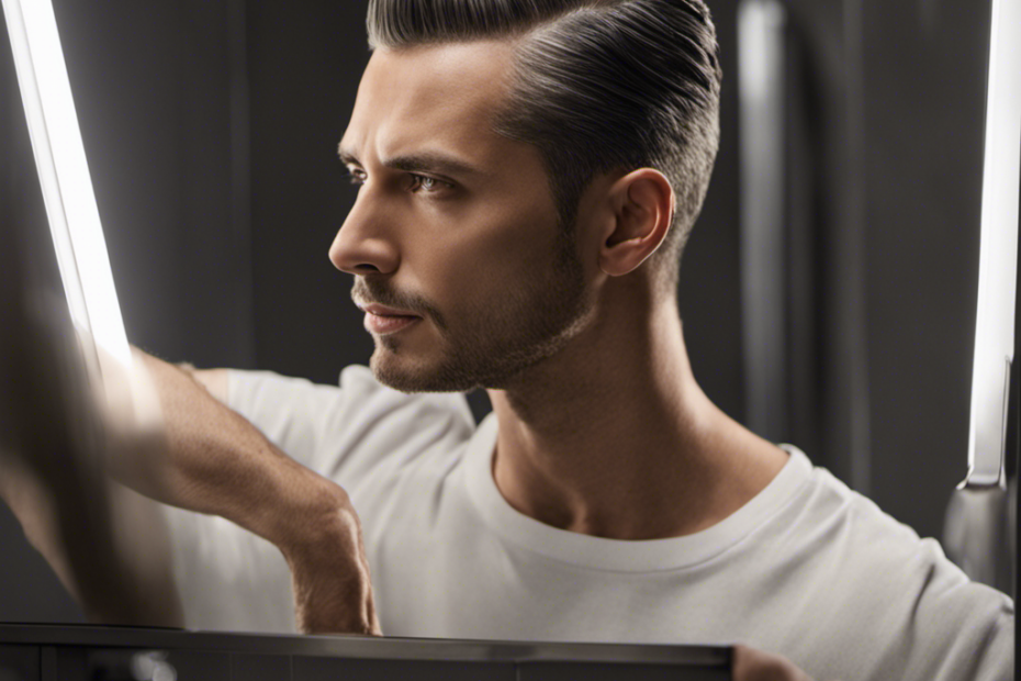 An image showcasing a man in front of a well-lit bathroom mirror, confidently gliding a clean, sharp razor across his freshly lathered scalp
