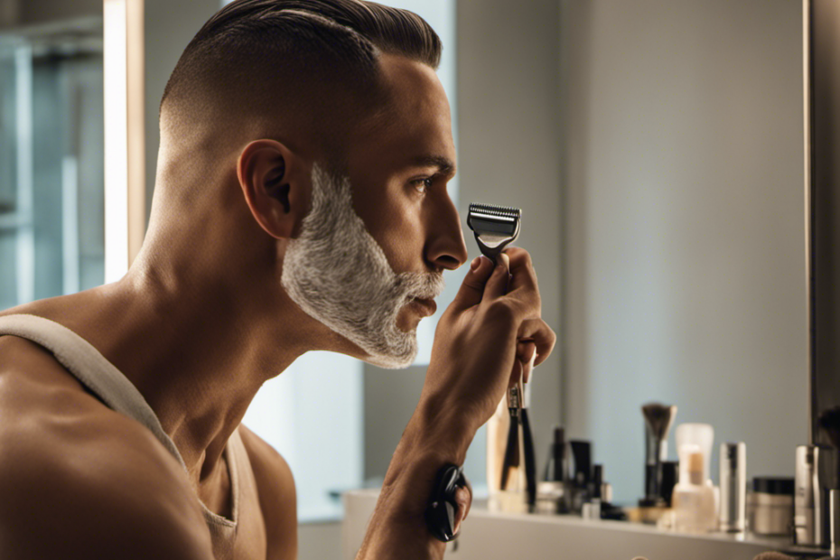 An image showcasing a person in a bright, well-lit bathroom, confidently holding a razor with a safety guard, while smoothly shaving their head