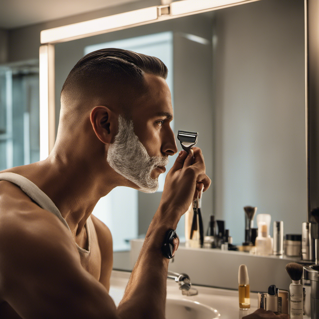 An image showcasing a person in a bright, well-lit bathroom, confidently holding a razor with a safety guard, while smoothly shaving their head