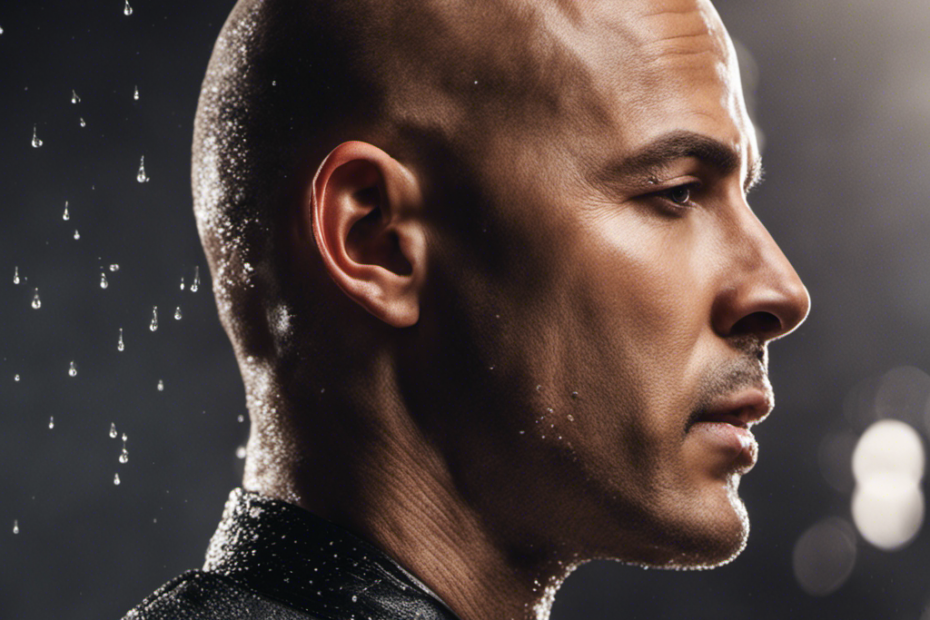 An image showcasing a close-up shot of a bald head, glistening with water droplets, as a razor glides smoothly across the scalp, capturing the precise moment of a seamless shave