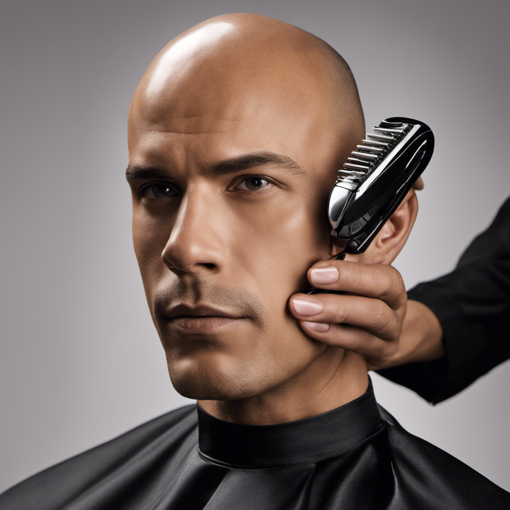 An image that showcases a close-up of a bald head being gently shaved with a sleek, electric razor