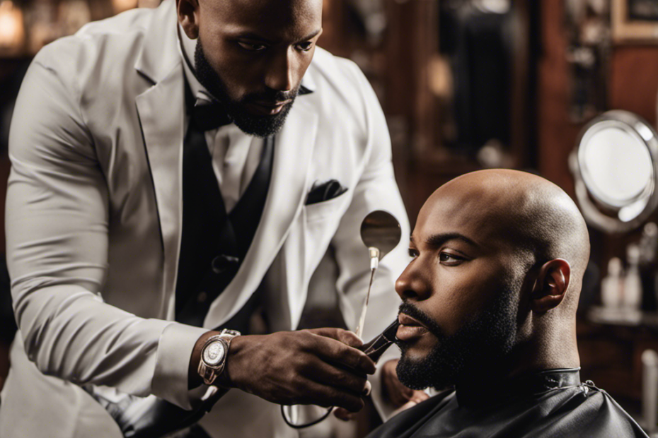 An image showcasing a skilled barber using a professional electric razor, carefully gliding it across a black man's head to achieve a flawless bald look