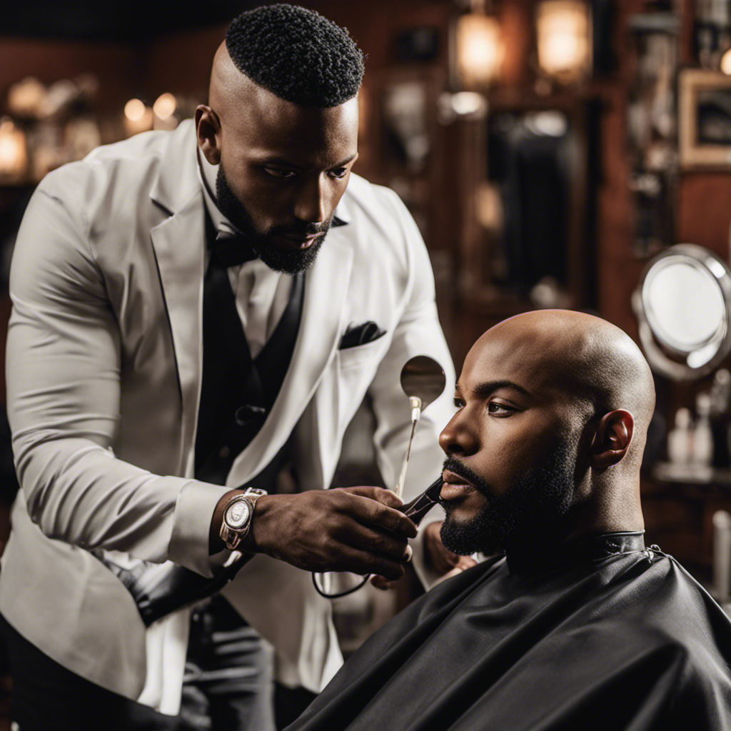 An image showcasing a skilled barber using a professional electric razor, carefully gliding it across a black man's head to achieve a flawless bald look