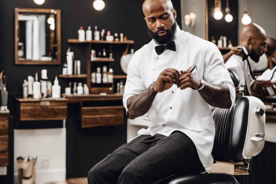 An image showcasing a skilled barber, using a high-quality electric razor to meticulously shave a perfectly smooth and glossy bald head of a black man, while maintaining a comfortable and relaxed atmosphere in the barbershop