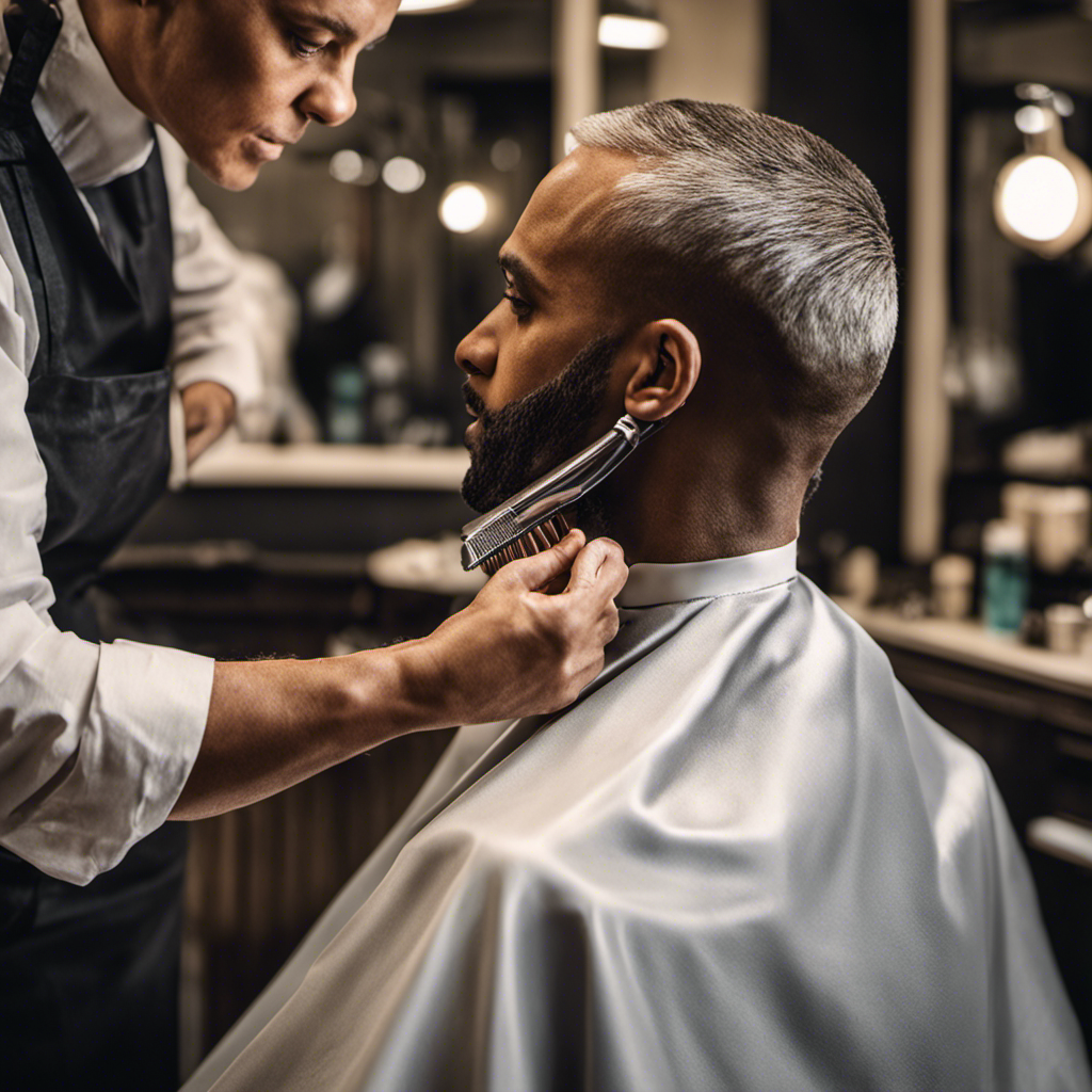 An image showcasing a compassionate hairdresser gently shaving a client's head, capturing the client's relaxed expression and the careful precision of the razor gliding over their scalp, conveying the supportive atmosphere during a chemo head-shaving session