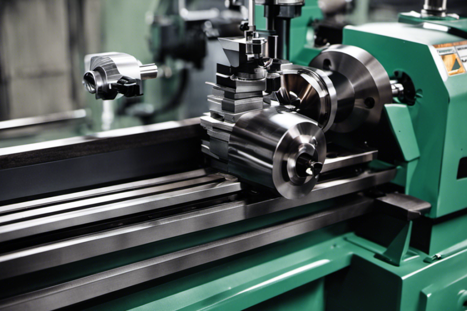 An image showcasing a lathe in action, with a cylinder head fixed securely on the spindle