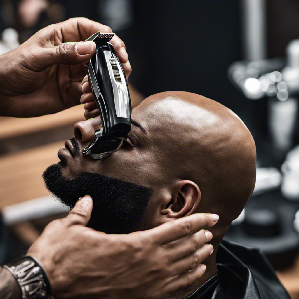 An image that showcases a close-up of a hand holding clippers against a bald head, capturing the precise motion and detailing the step-by-step process of shaving a head with clippers
