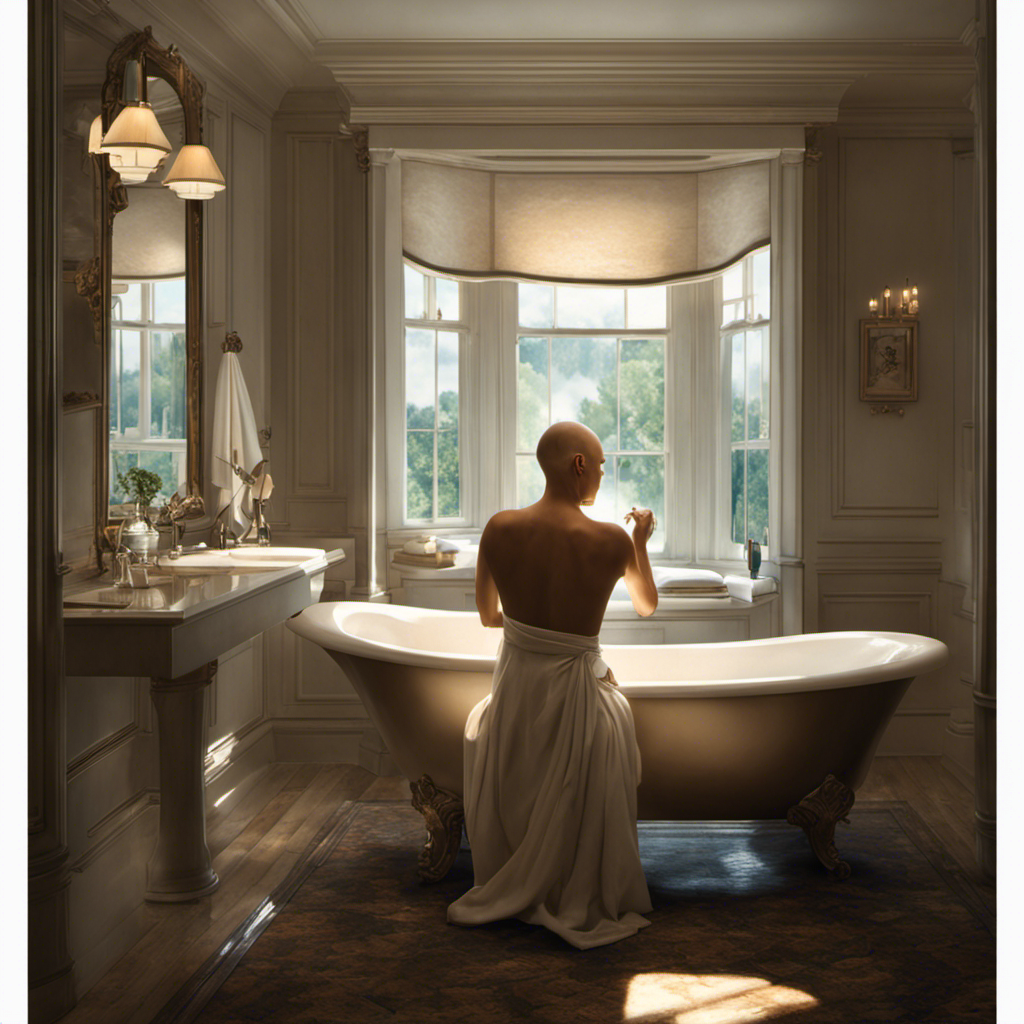 An image depicting a person seated in a well-lit bathroom, facing a mirror