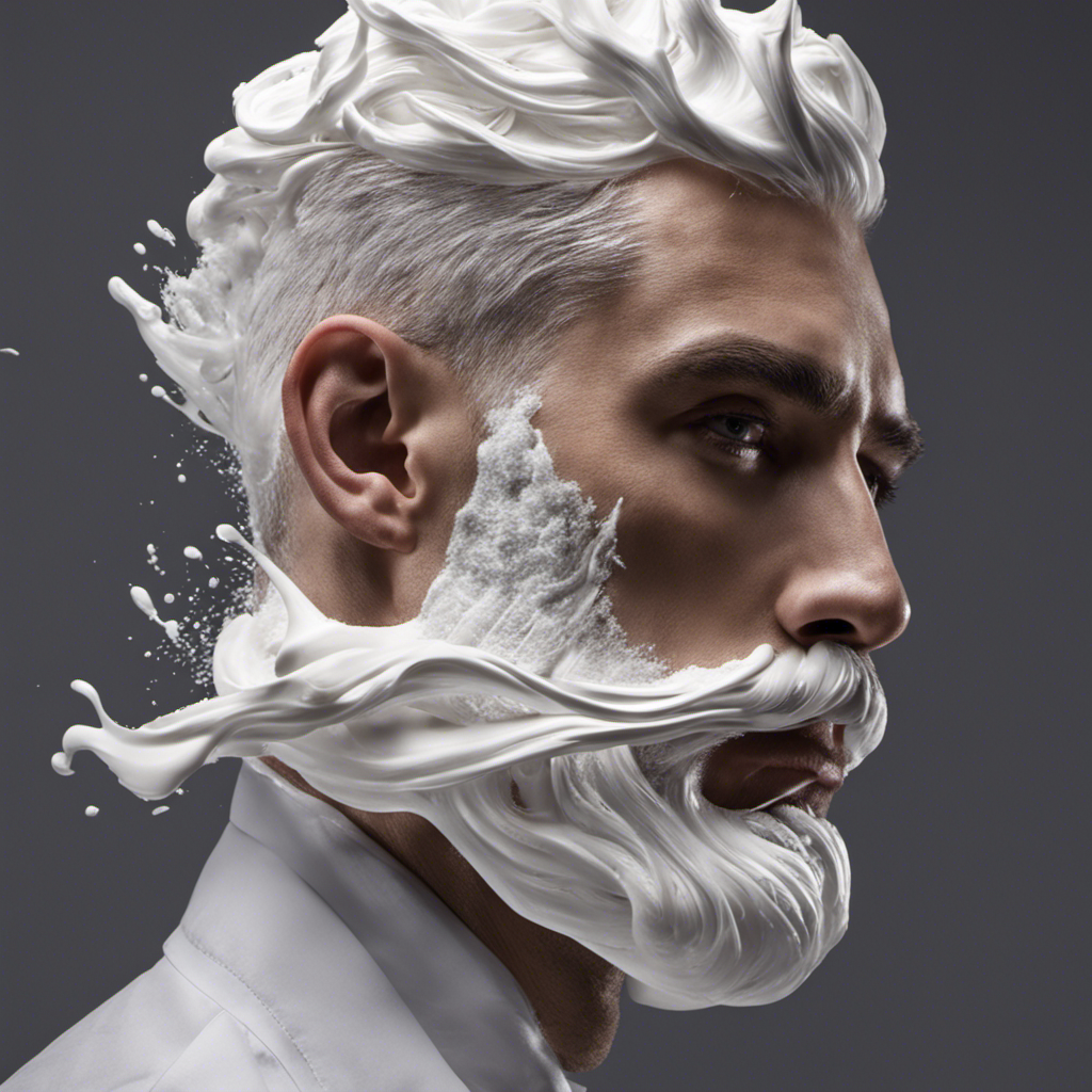 An image showcasing a close-up view of a man's head, covered in creamy shaving foam, with a razor gliding smoothly across the scalp, capturing the meticulous process of shaving a man's head