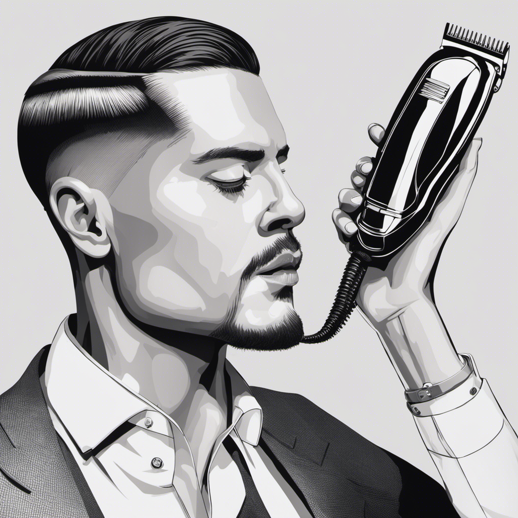 An image showcasing a close-up of a hand holding an electric clipper, gliding effortlessly along a precisely defined line on the side of a person's head, revealing a flawlessly shaved and distinct parting
